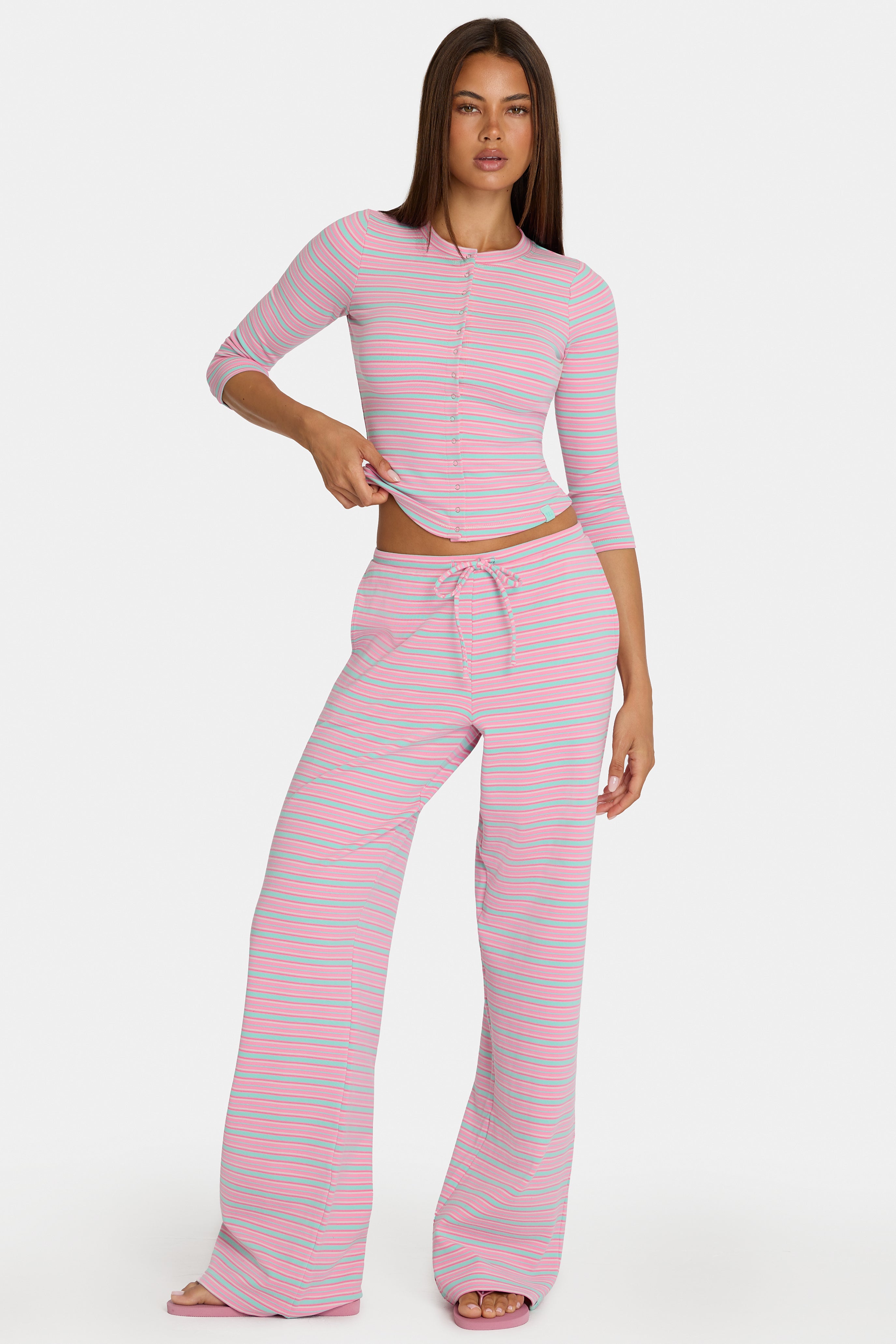 Oh Polly Bo+Tee pantalon large jersey multi stripe