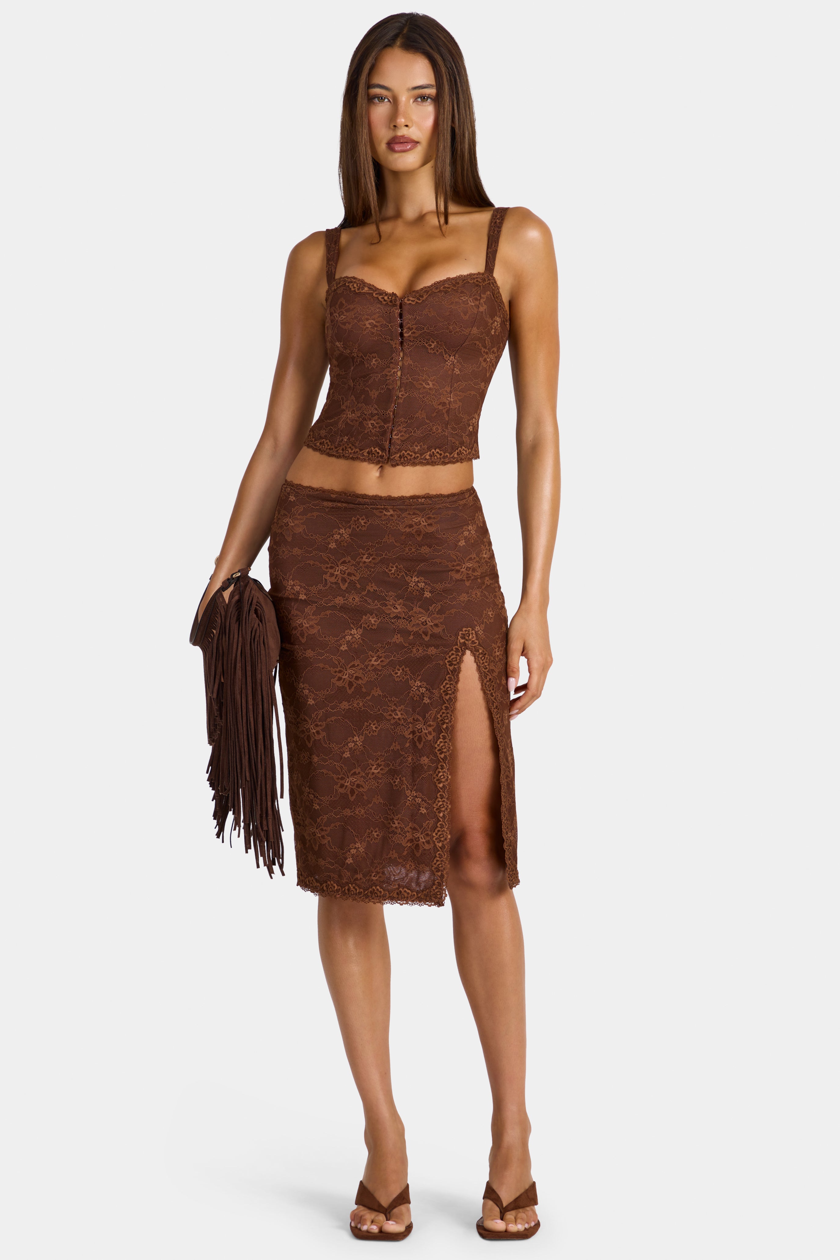 Oh Polly Ana jupe midi dentelle marron taille basse