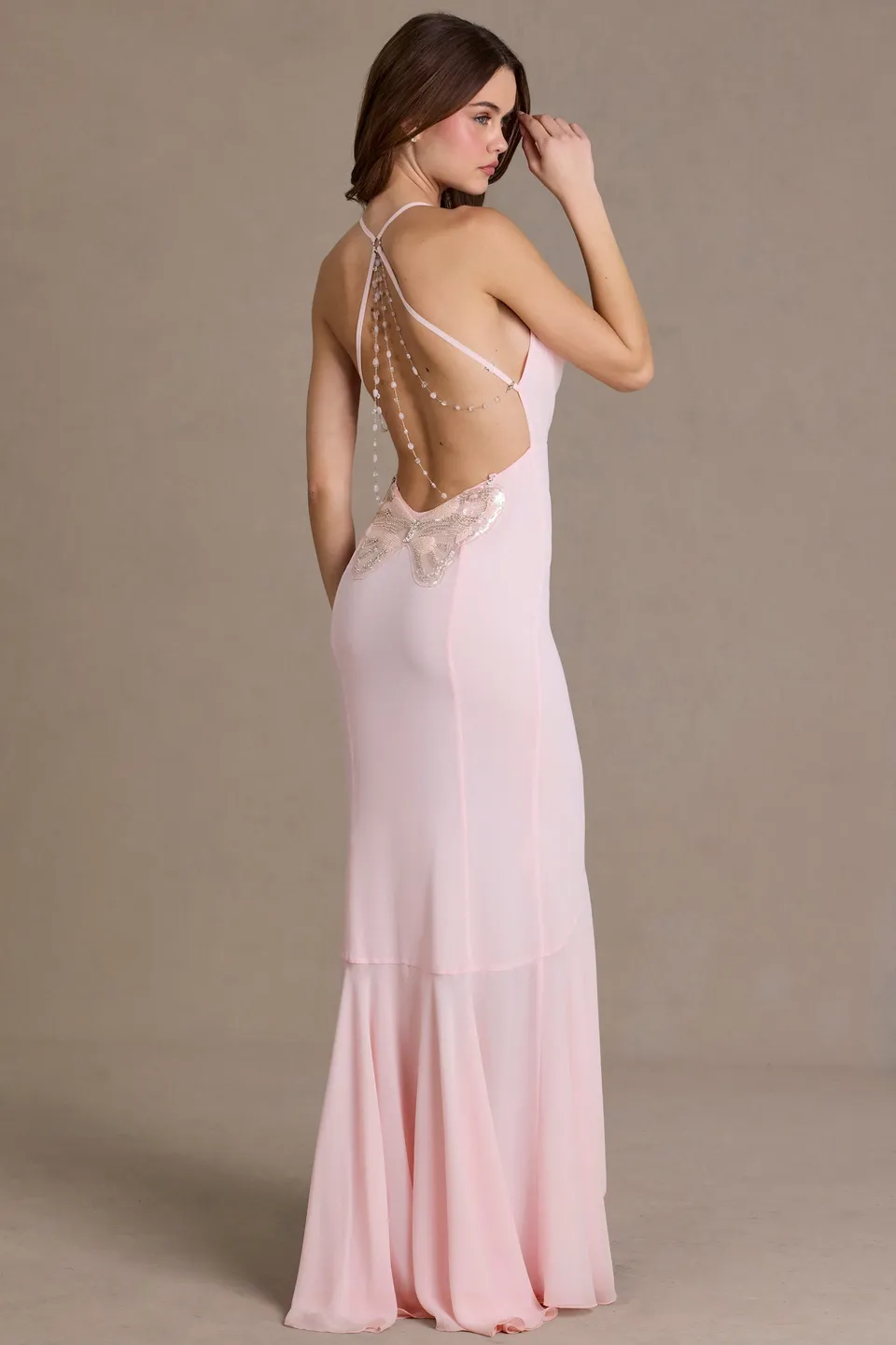 Oh Polly 15978 robe longue rose baby chiffon fendue