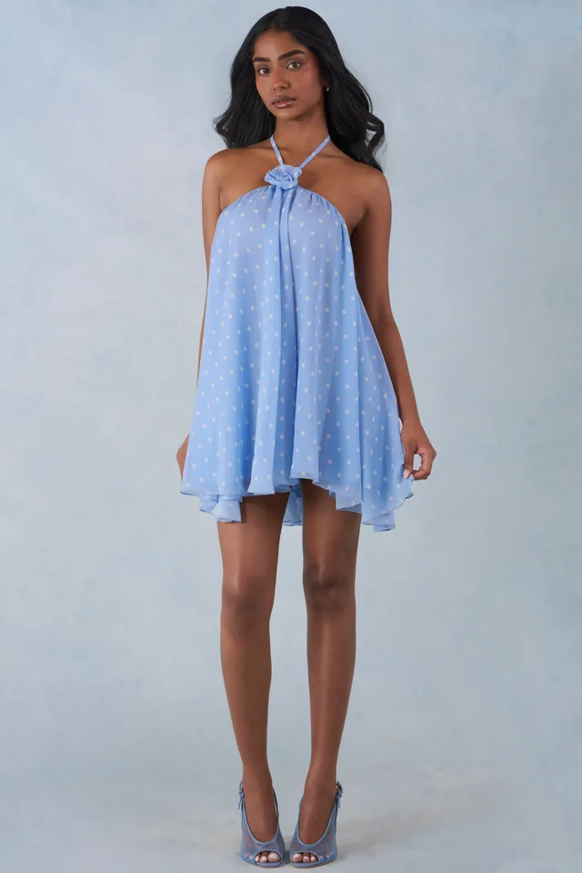 Oh Polly Evania Mini Robe Babydoll Bleu à Pois