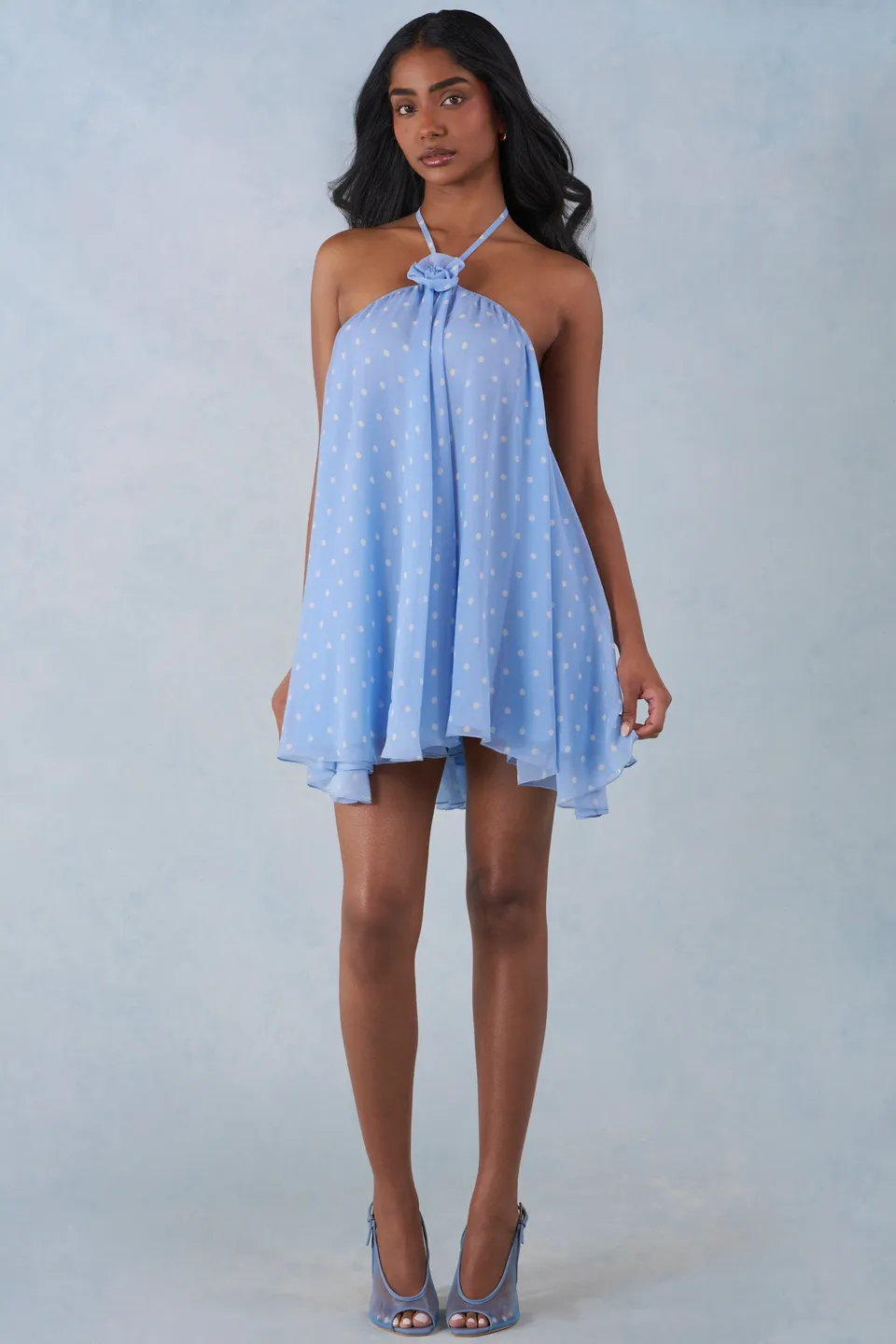 Oh Polly Evania Mini Robe Babydoll Bleu à Pois