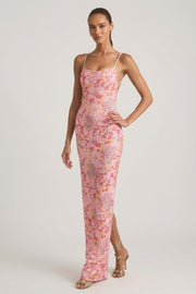 Oh Polly Tavira maxi robe rose sequins corail dos nu