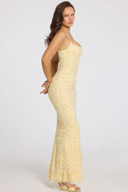 Oh Polly Valora robe maxi jaune beurre perles col carré