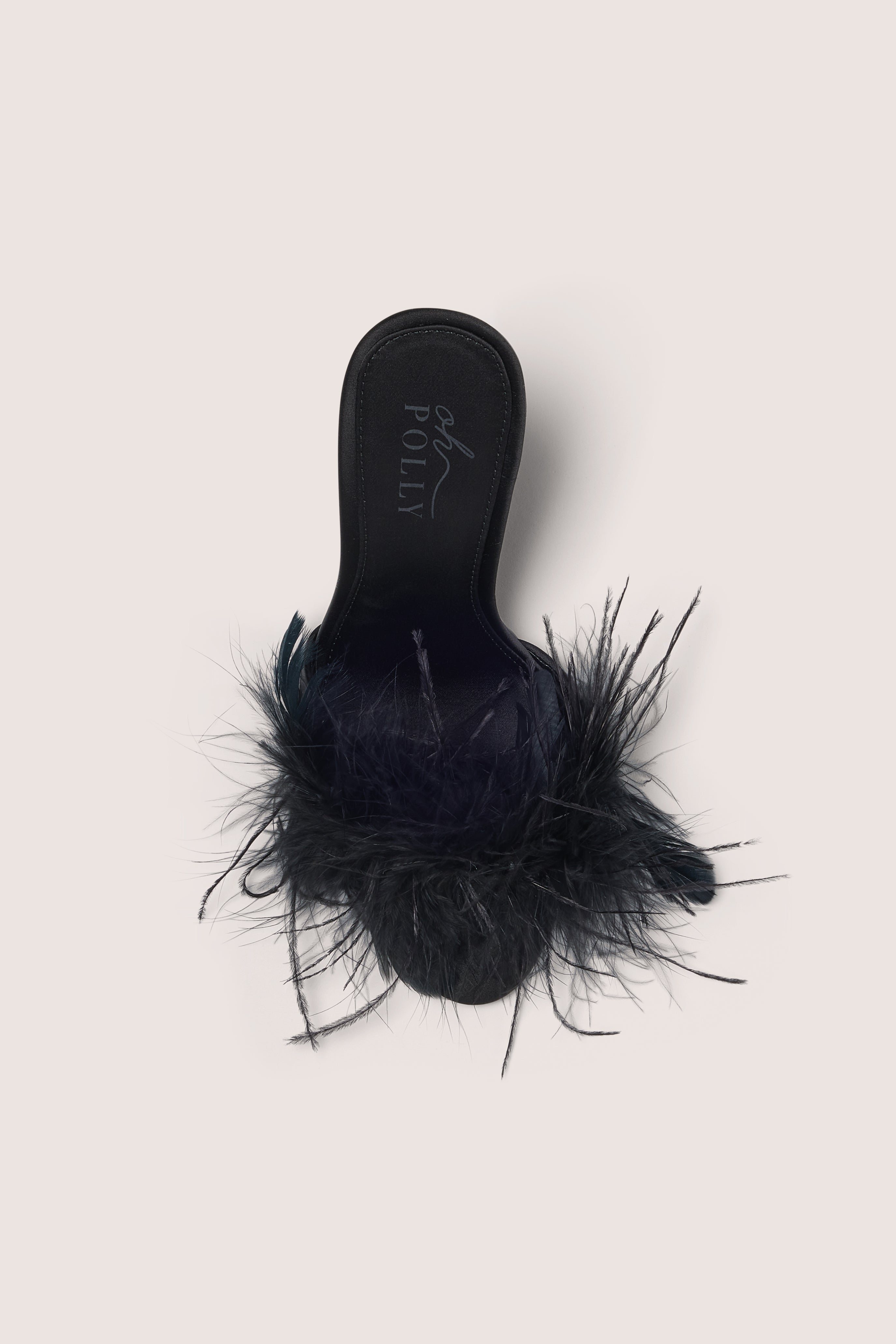 Oh Polly Kirlia mule satin talon noir plumes 11,5 cm