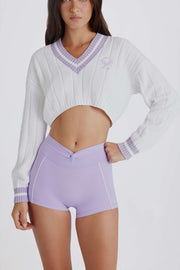 Oh Polly pull torsadé coton cropped lilas ivoire col V