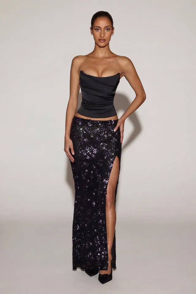 Oh Polly Embellished jupe maxi noire violette sequins fente