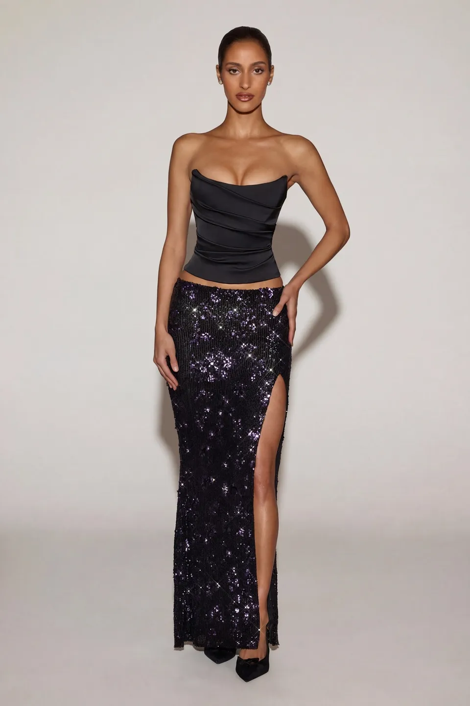 Oh Polly Embellished jupe maxi noire violette sequins fente
