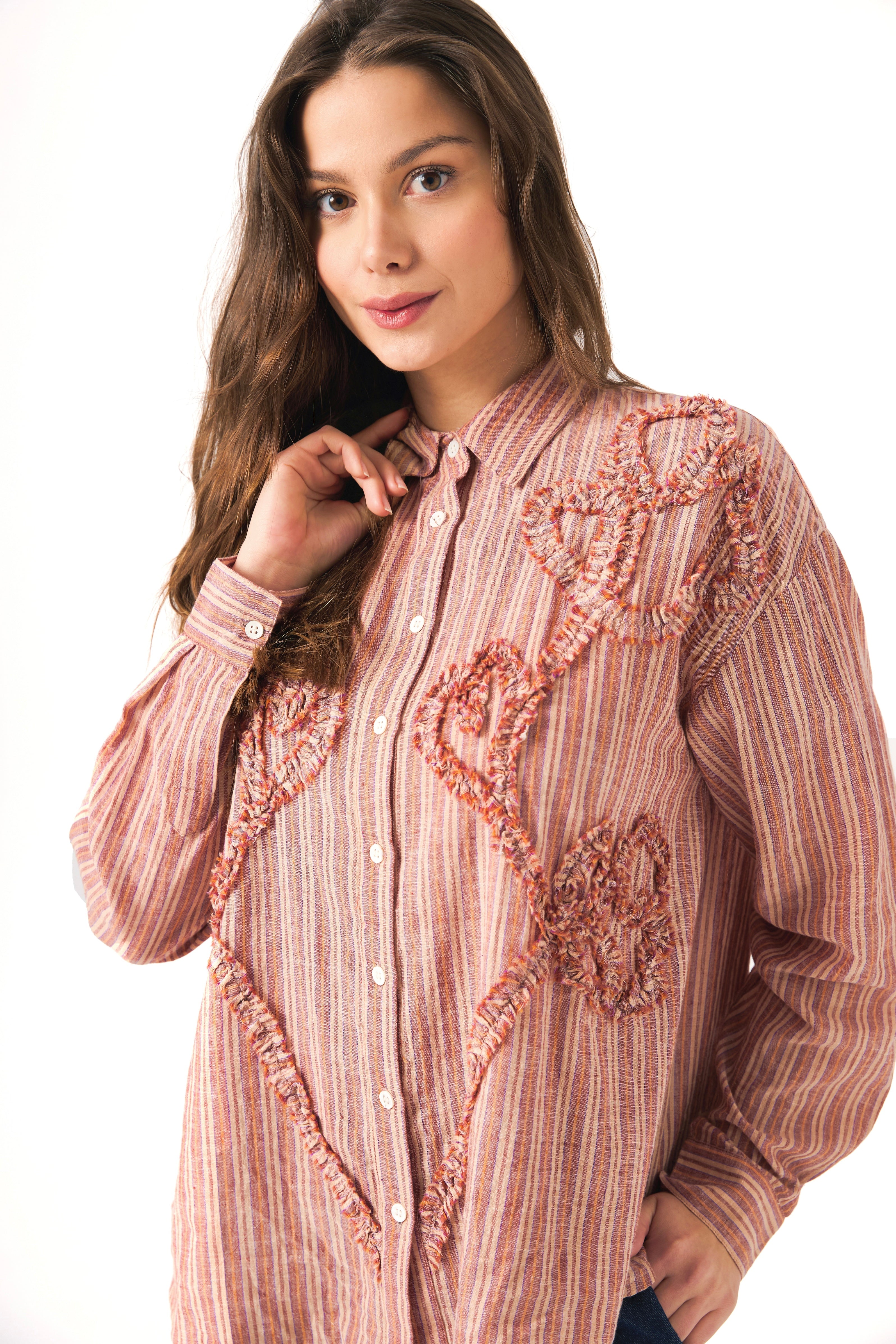 Chicosoleil Tops Junko chemise beige rayures Handloom