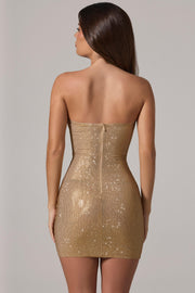 Oh Polly Embellished 15515 mini robe dorée bustier strass