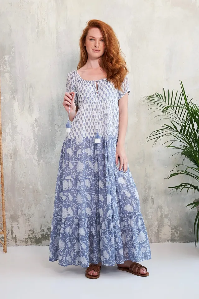Chicosoleil Rikita robe longue bleue floral coton à poches