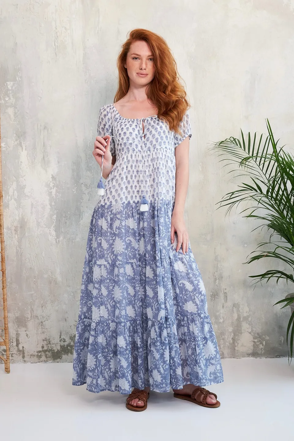Chicosoleil Rikita robe longue bleue floral coton à poches