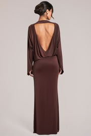 Oh Polly Dresses 15917 robe maxi marron chocolat drapée