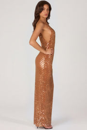 Oh Polly Embellished 16028 robe maxi bronze sequins