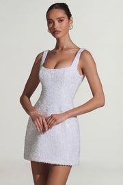 Oh Polly Dominique robe mini blanche satin perles nacre
