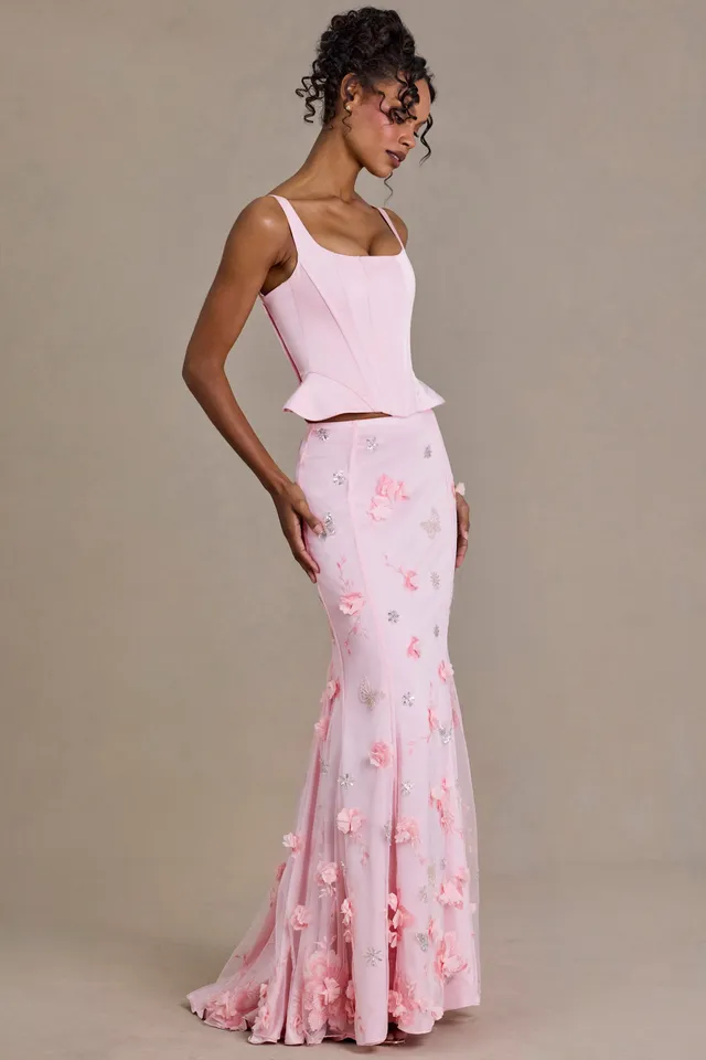 Oh Polly Embellished Tulle Skirt Jupe Rose Clair Brodée