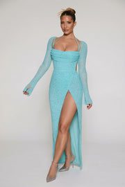 Oh Polly Champel 6139 robe maxi aquamarine perlée