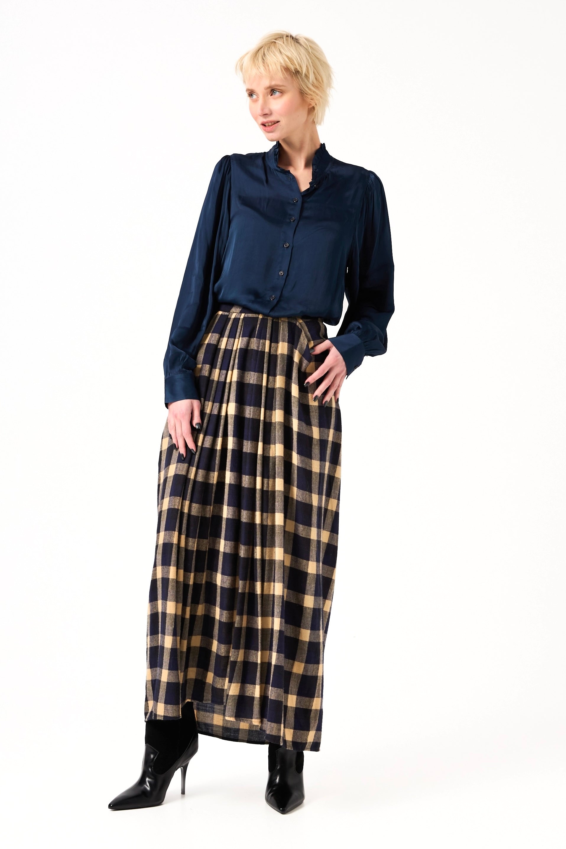 Chicosoleil Diega jupe longue femme carreaux indigo coton