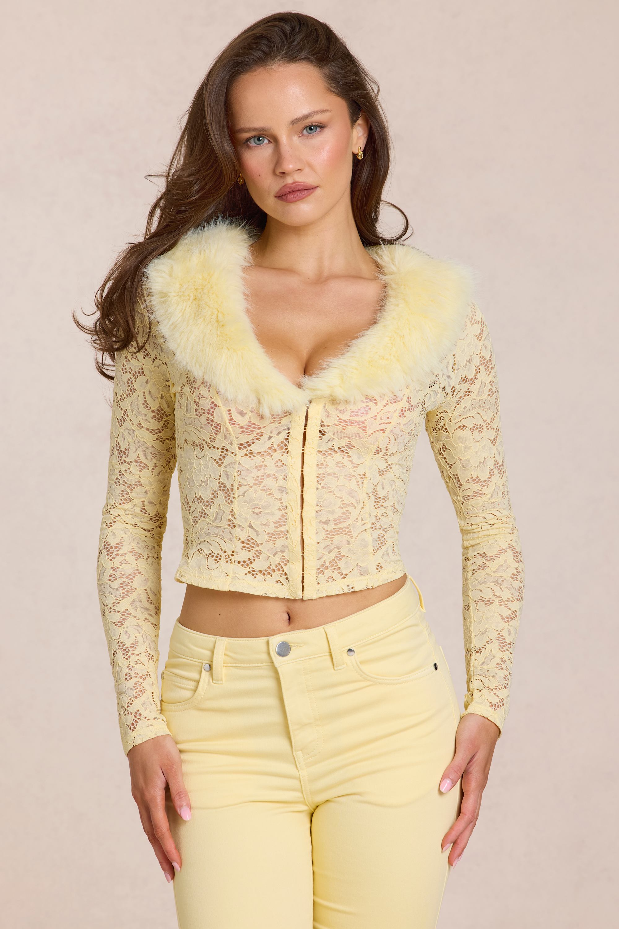 Oh Polly Solaya Cardigan dentelle jaune citron fourrure