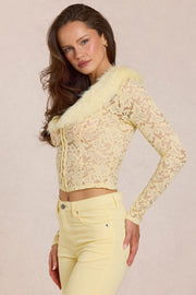 Oh Polly Solaya Cardigan dentelle jaune citron fourrure