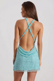 Oh Polly Sylune 14476 robe mini dos nu aquamarine perles