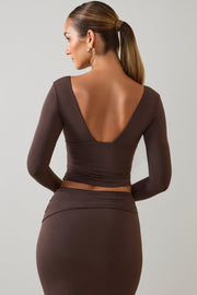 Oh Polly Harri Top Plongeant Marron Chocolat Modal Manches Longues