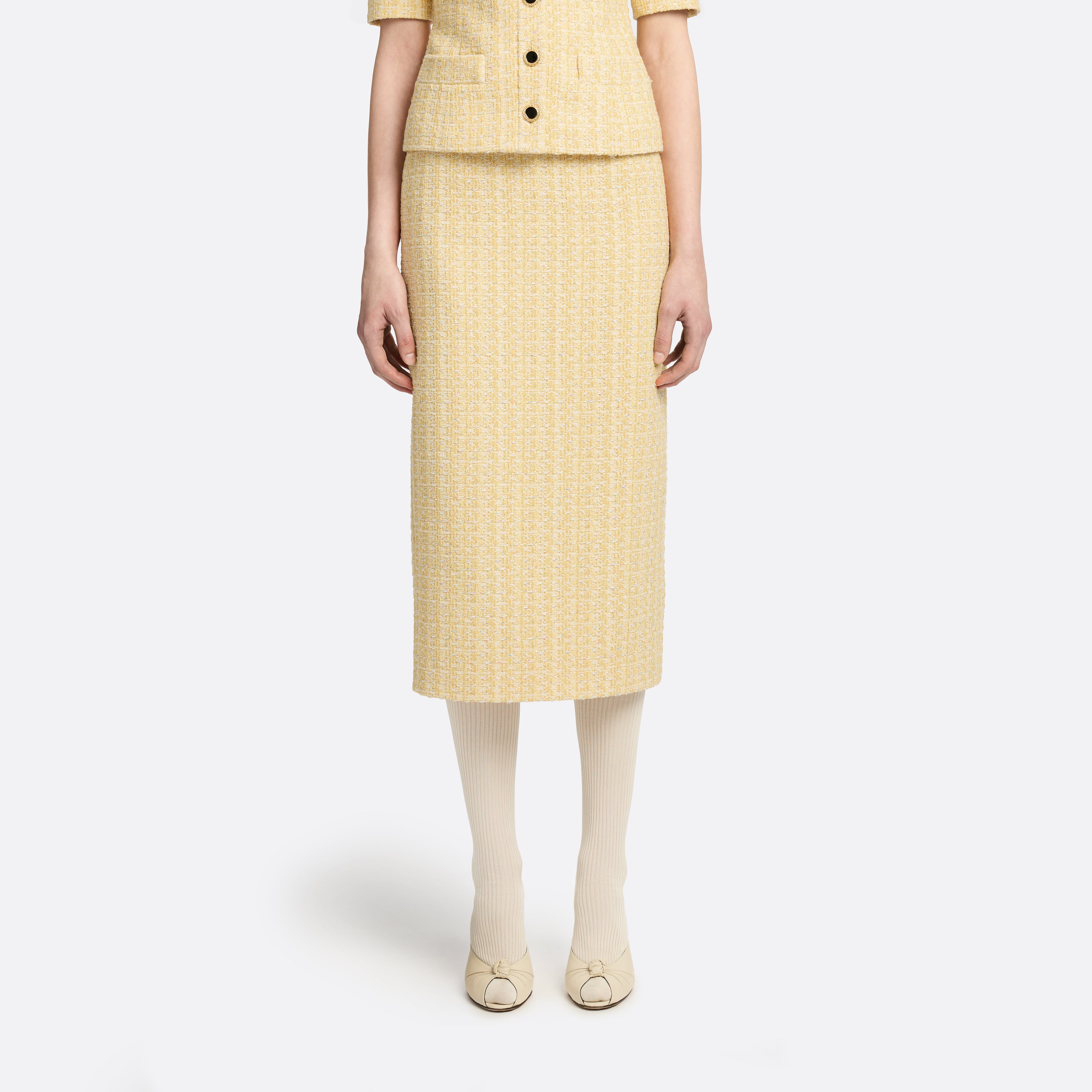 Alessandra Rich Sequin Tweed Midi Skirt jupe jaune pâle