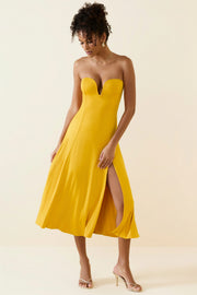 Oh Polly Joely robe bustier jaune jersey fente midaxi