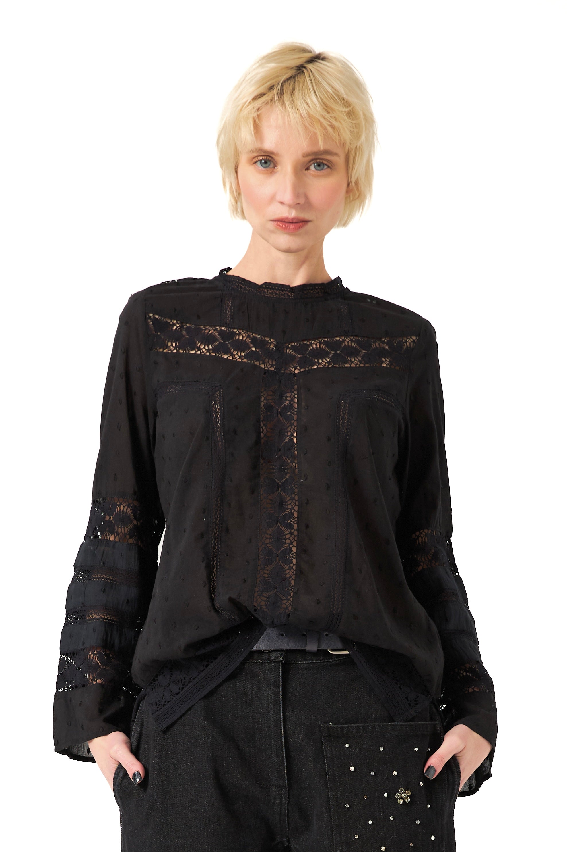 Chicosoleil Haru blouse coton noire dentelle manches 3/4