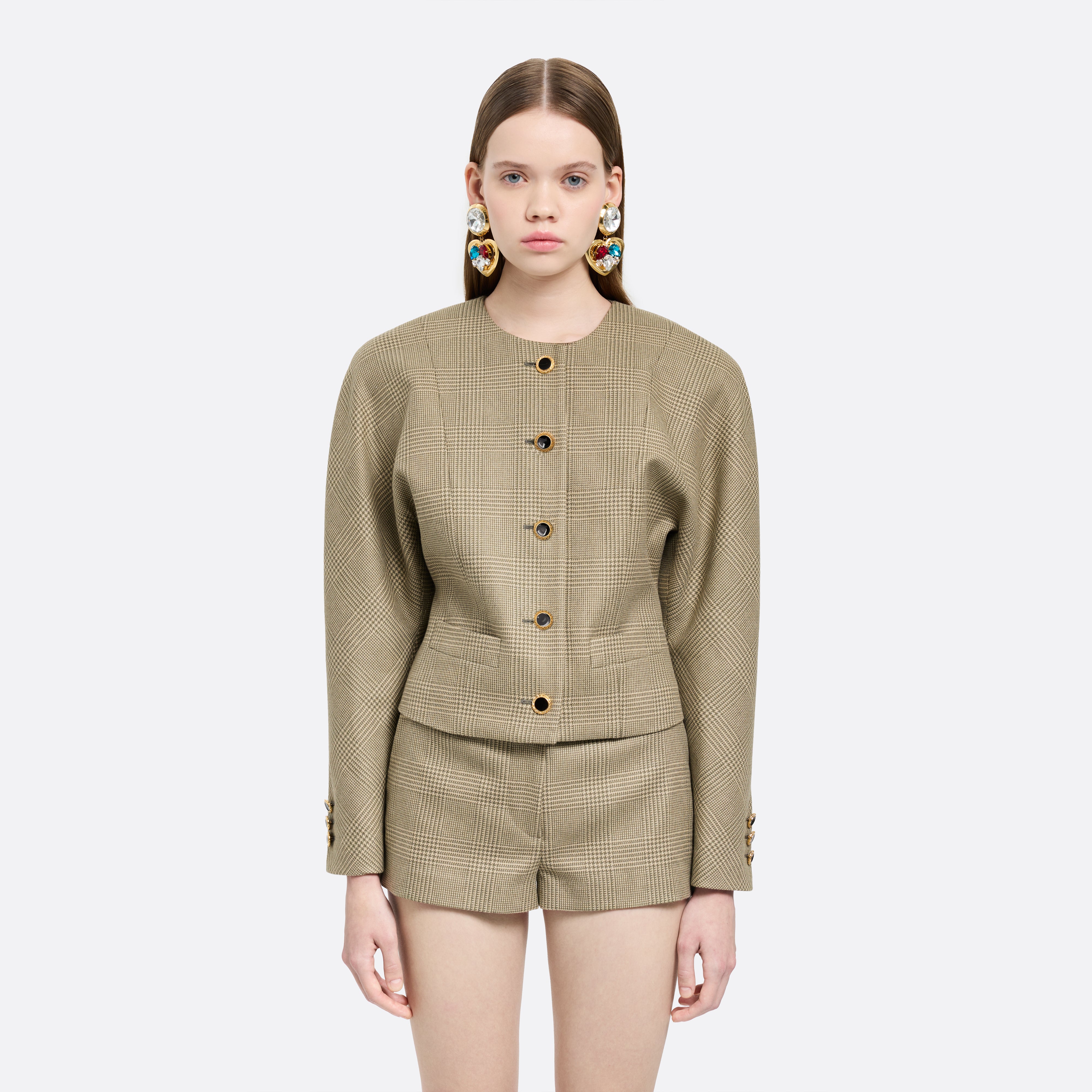 Alessandra Rich Prince of Wales Wool veste courte verte beige