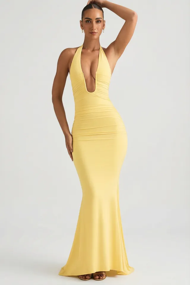 Oh Polly Laverna Robe Longue Jaune Pastel Dos Nu