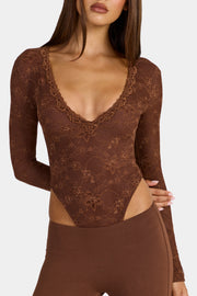 Oh Polly Shania body dentelle marron manches longues