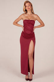 Oh Polly Dresses Robe Bandeau Bordeaux Fente Drapée