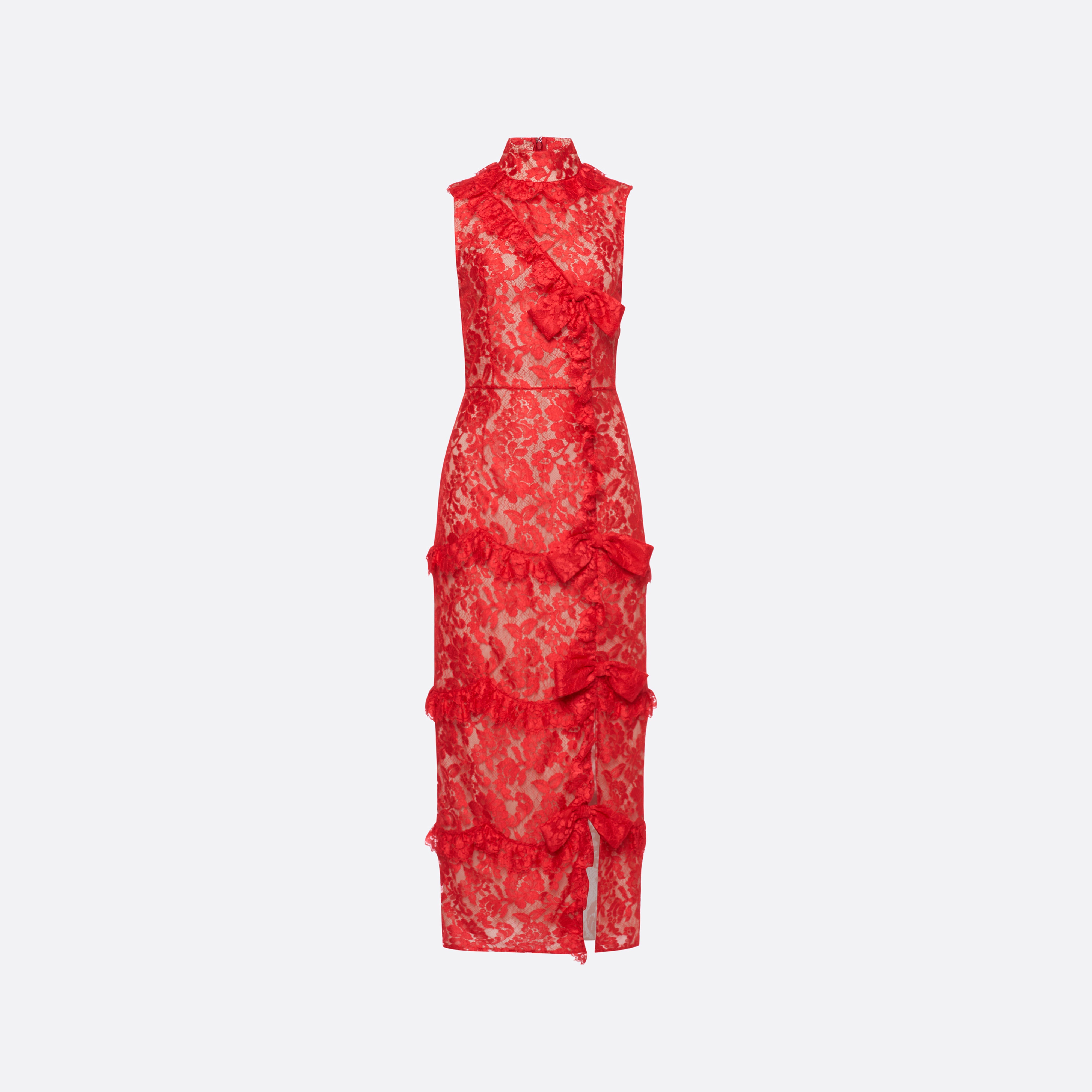 Alessandra Rich Dresses Lace Robe dentelle rouge col montant