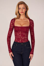 Oh Polly Bodysuits Body Letizia Bordeaux Dentelle Col Carré