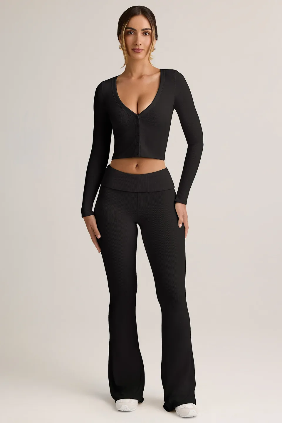 Oh Polly Jules pantalon flare noir taille rabattue modal