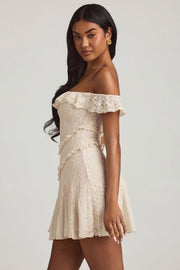 Oh Polly Nahida 13336 mini robe dentelle ivoire épaule dénudée