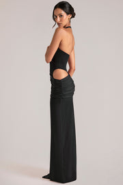 Oh Polly Deep Plunge Halterneck robe longue noire découpe