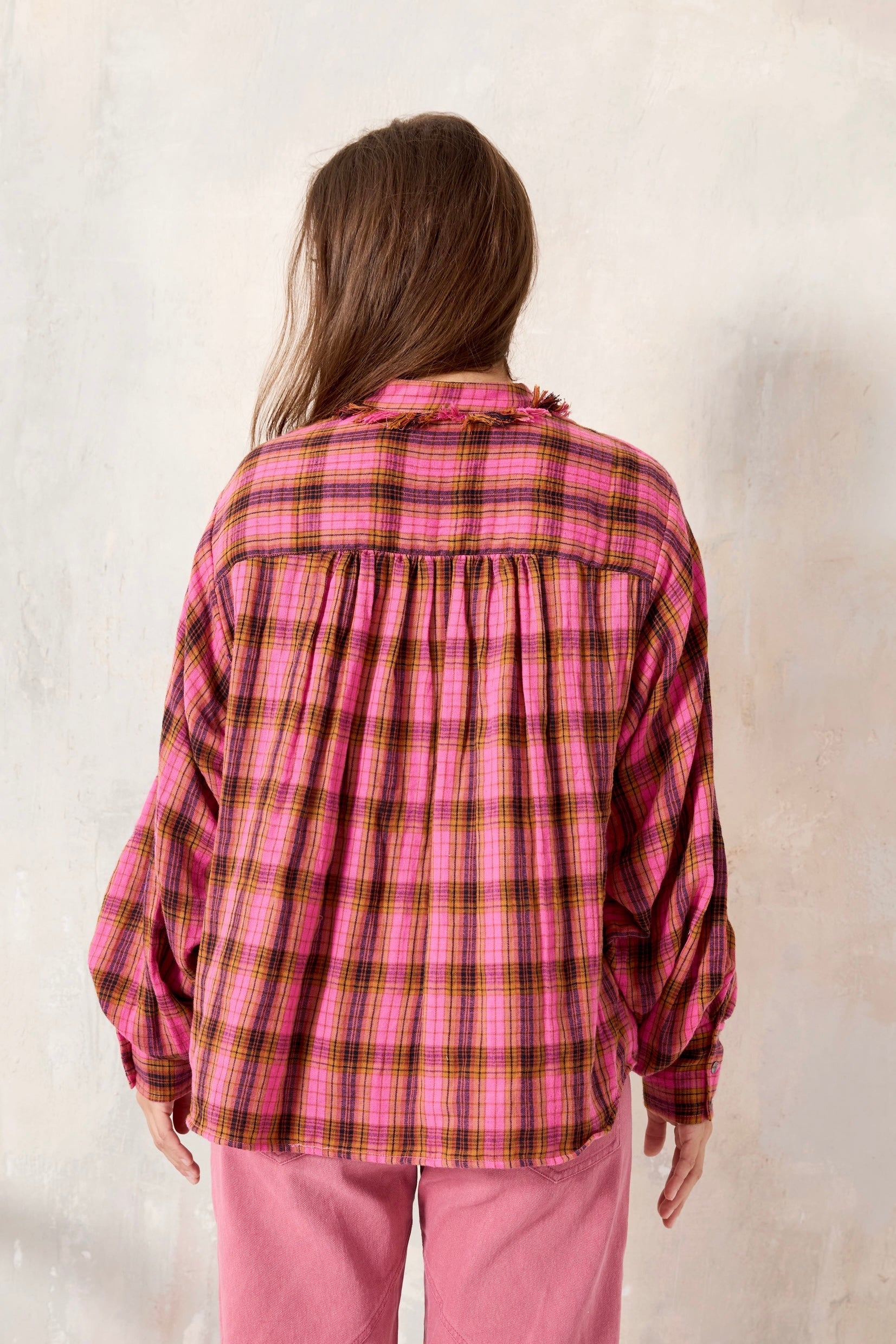 CHICOSOLEIL GOYA chemise pink check coton franges