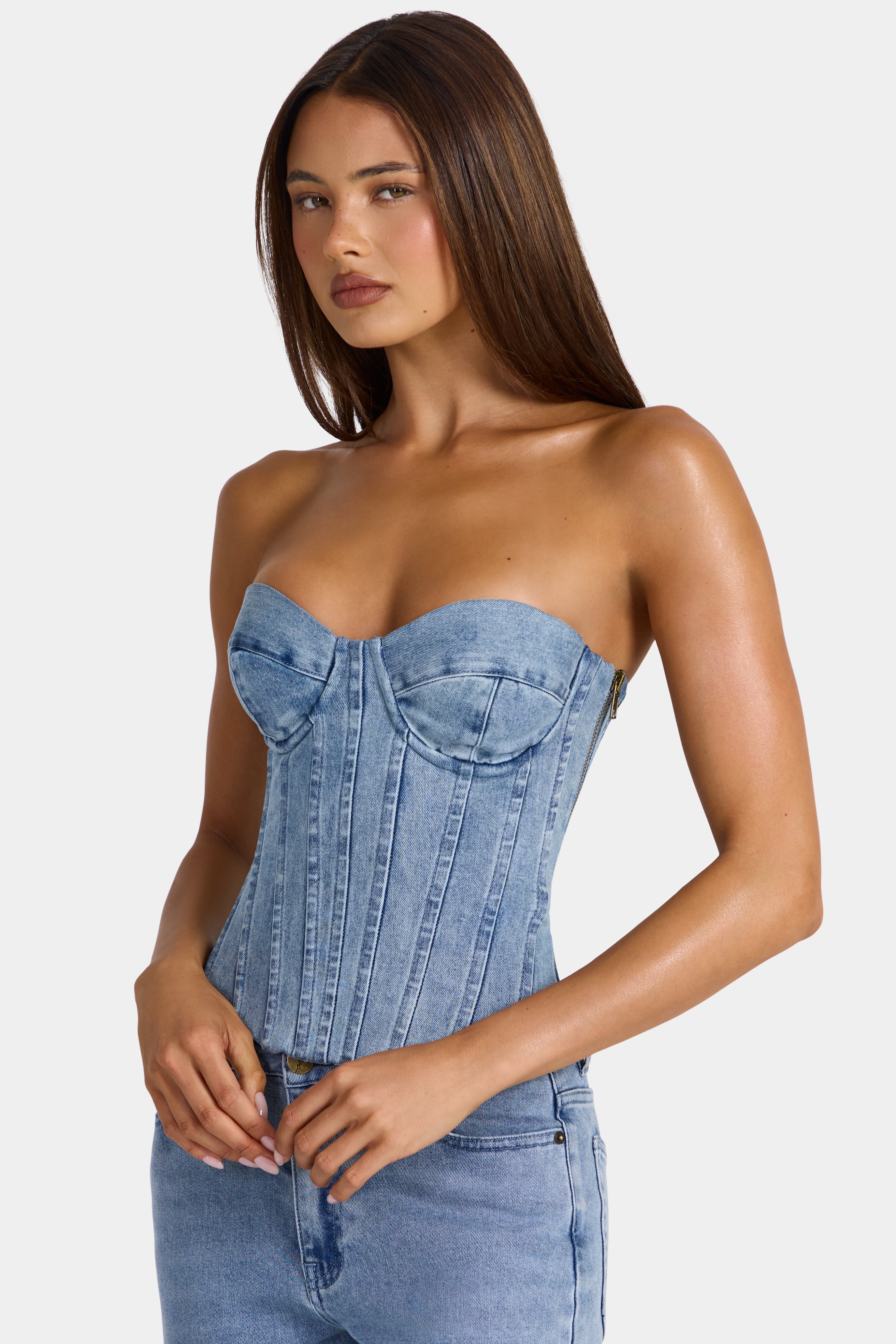 Oh Polly Tops 16521 top corset jean bleu denim stretch