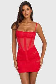 Oh Polly Dresses Evadne Mini Robe Dentelle Rouge Cerise