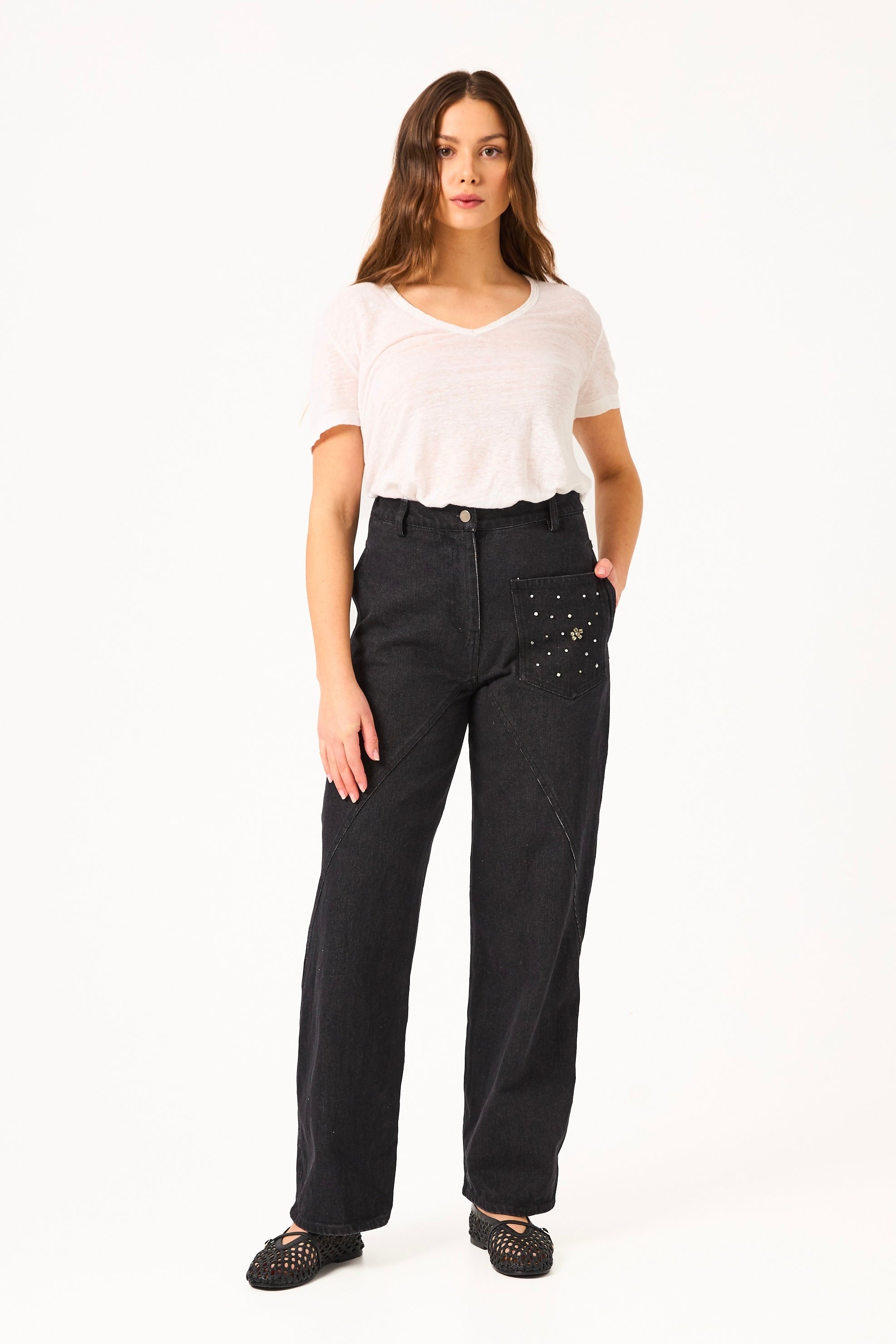 Chicosoleil Hitomi jean wide leg noir coton broderies