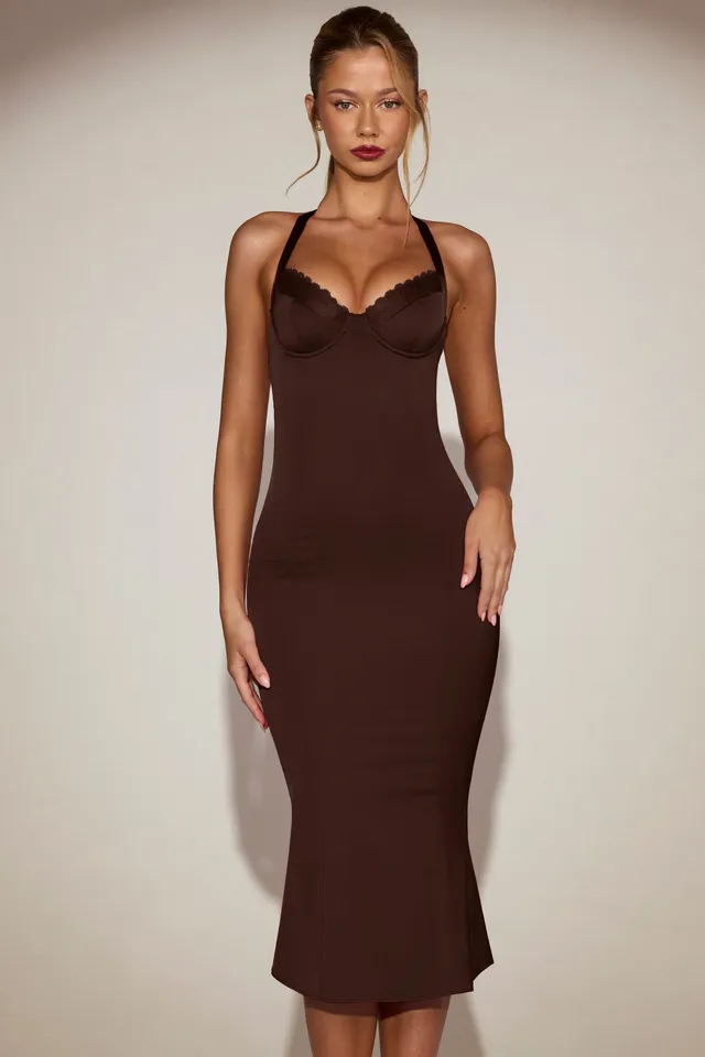 Oh Polly Elyra robe midaxi marron satin bustier