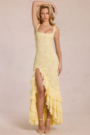 Oh Polly Dresses Celira 16130 robe maxi jaune dentelle fente volants