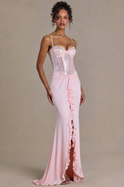 Oh Polly Robe Corset Dentelle Blossom Sequin Fendue Rose