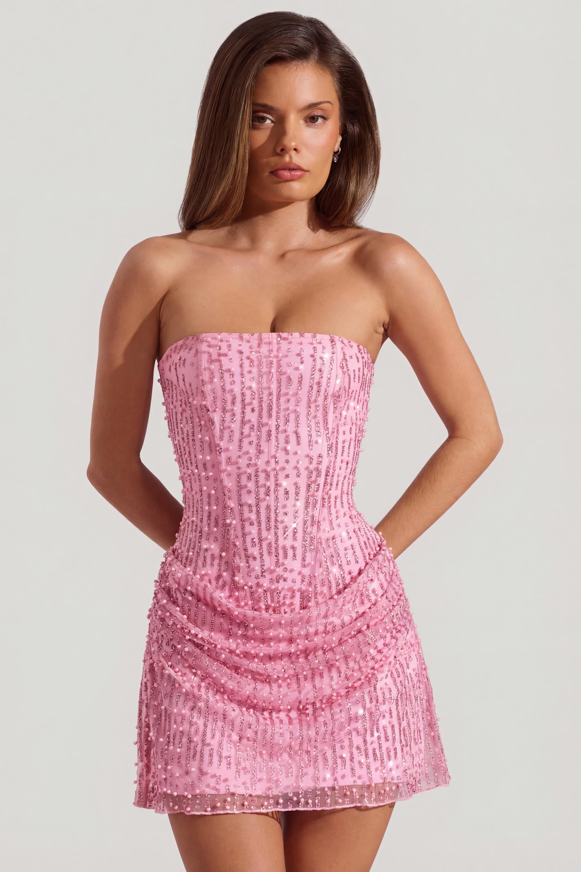 Oh Polly Ziya Robe bustier rose perles paillettes