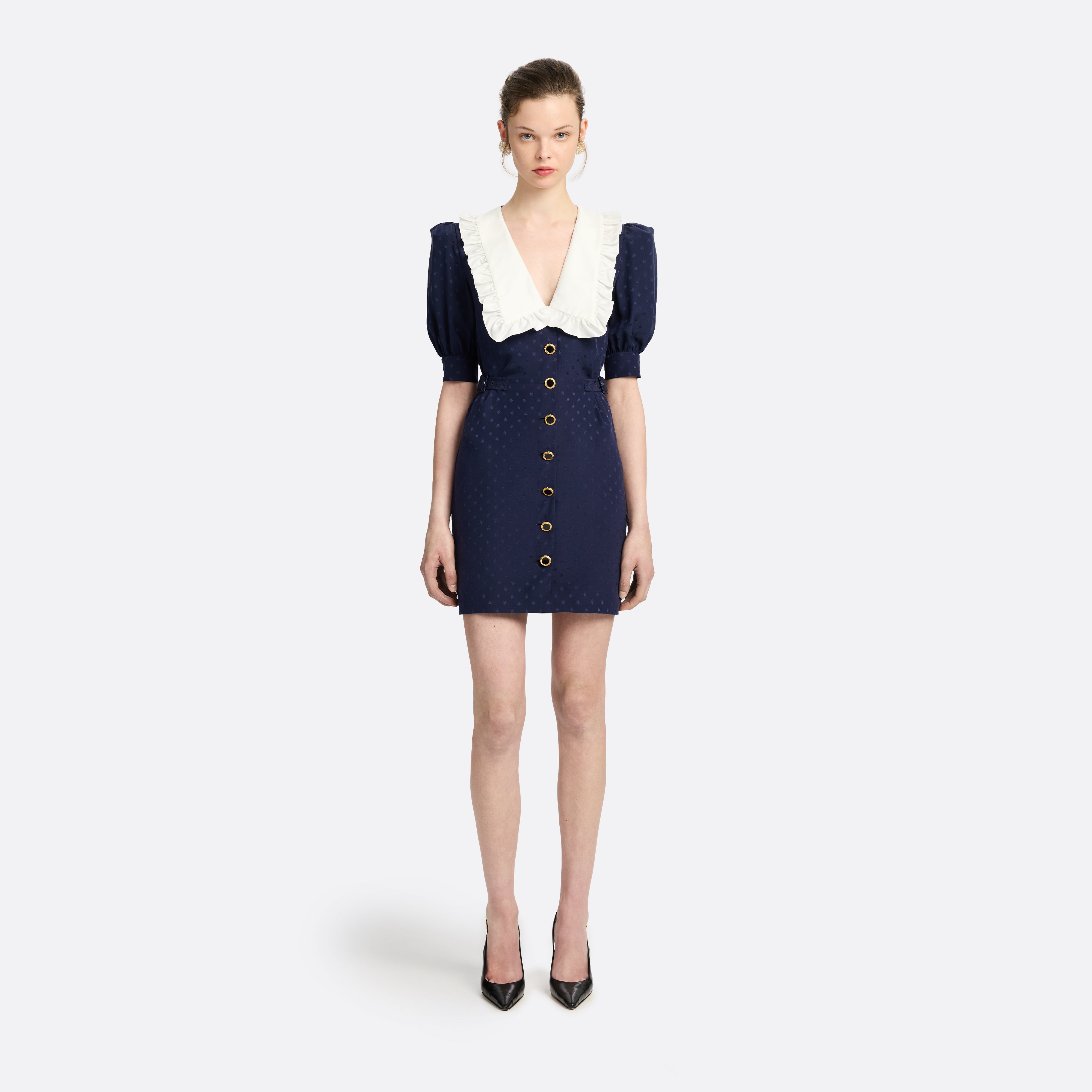 Alessandra Rich Silk Jacquard Mini Buckles robe mini bleu marine