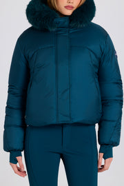 Oh Polly BT2391 veste ski cropped teal fourrure imperméable 18k