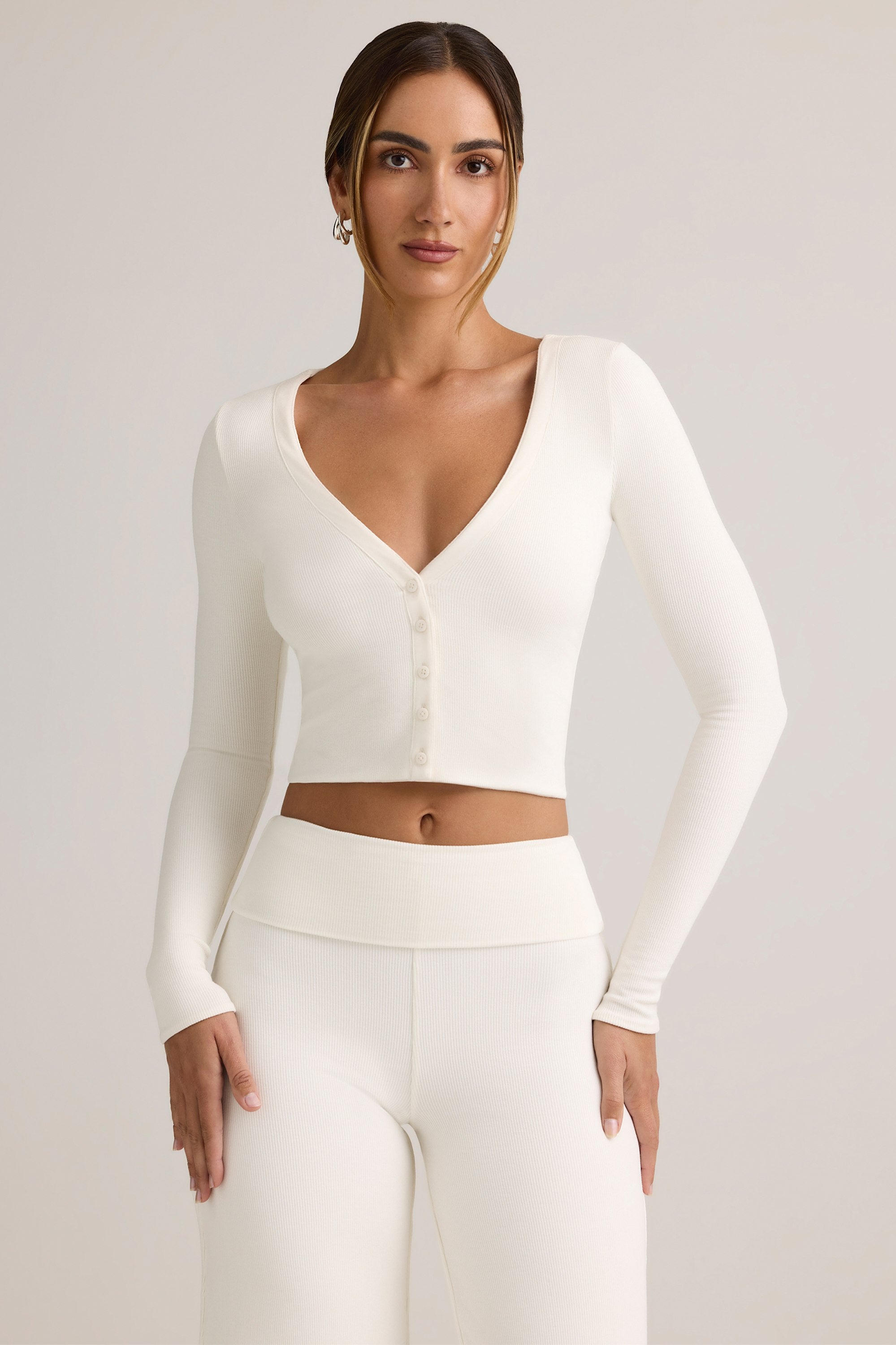 Oh Polly Kiva gilet court blanc côtelé modal boutons