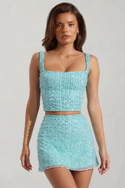 Oh Polly Lirael 14478 crop top col carré aquamarine perles