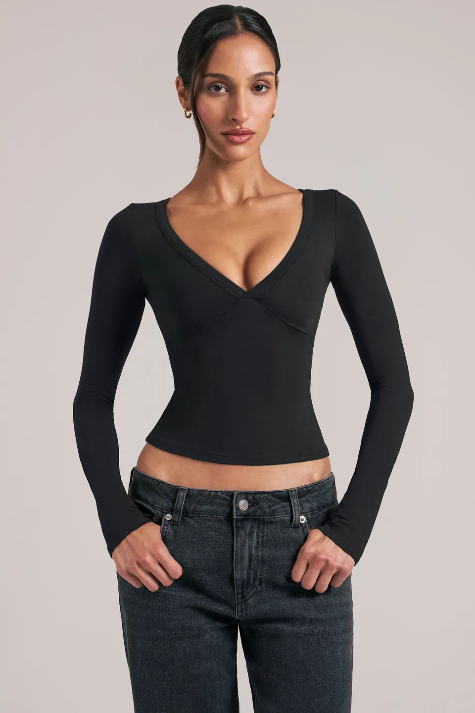 Oh Polly Tops 15988 top noir col V manches longues